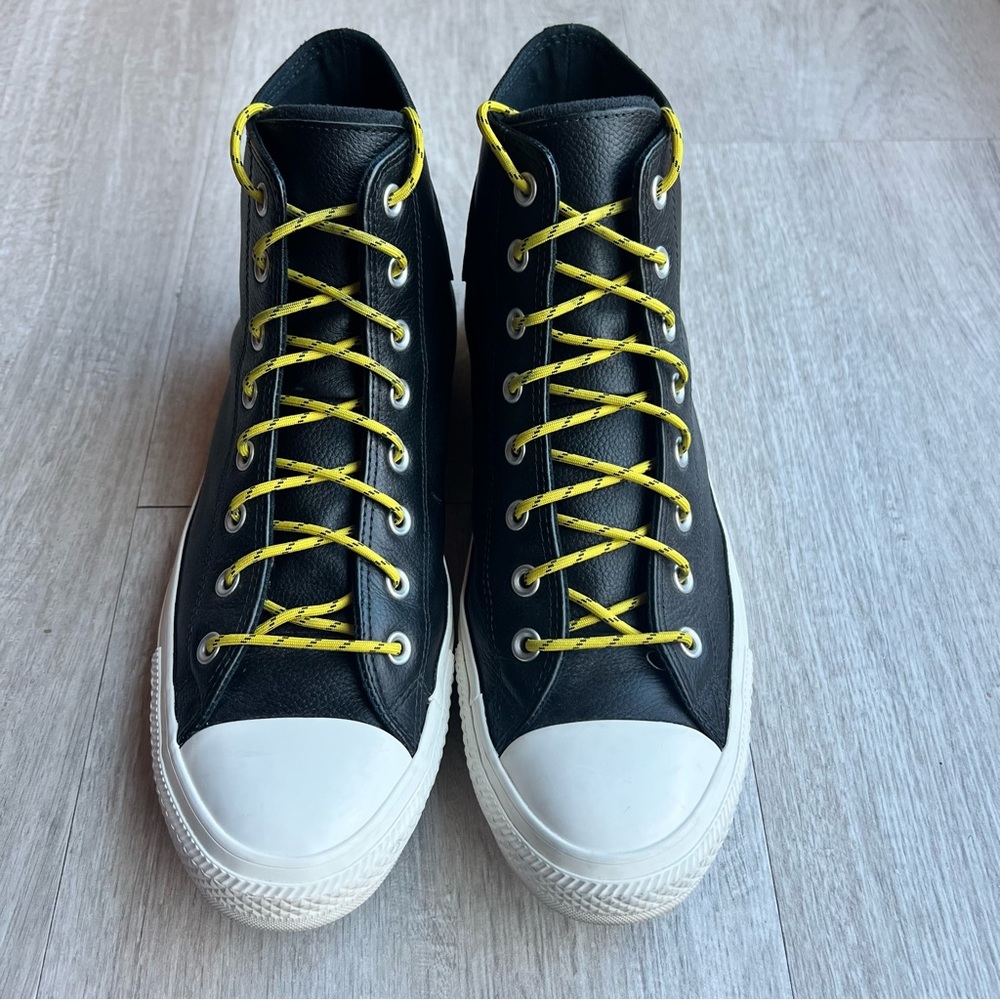 Converse, Chuck Taylor All Star HI Leather Mens Size 11, Black/Bold Citron/Egret